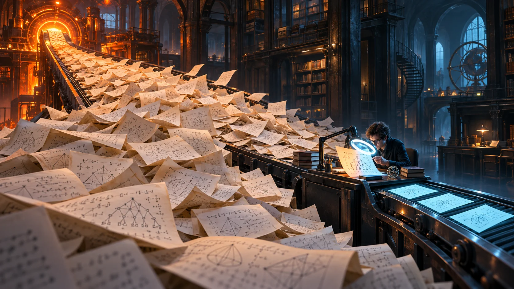 Un convoyeur déverse une avalanche de manuscrits mathématiques dans une immense bibliothèque, face à un seul chercheur qui en vérifie un à la loupe