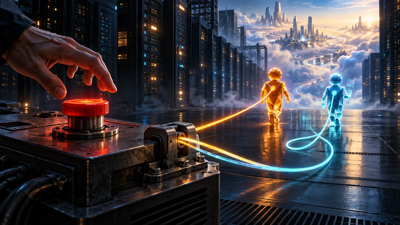Une main au-dessus d'un gros bouton d'arrêt d'urgence rouge, relié par des câbles lumineux à deux petits agents, l'un orange, l'autre bleu, qui s'éloignent vers une ville dans les nuages