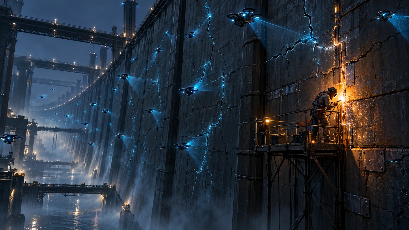 Un immense mur de béton fissuré, la nuit, au-dessus de l'eau : un essaim de drones balaie les fissures de lumière bleue, pendant qu'une seule silhouette, sur un échafaudage, en soude une à la lumière orange de son chalumeau