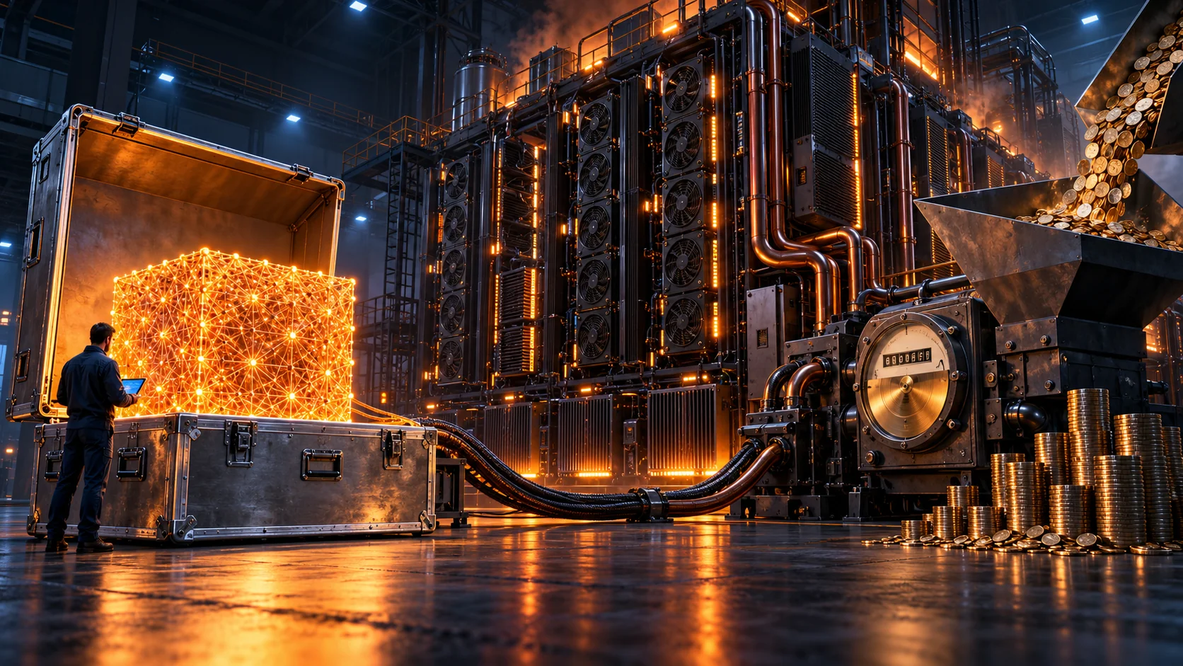 Un modèle d'IA lumineux sort d'une malle ouverte, relié par des câbles à une immense machine de calcul dont le compteur avale un flot de pièces d'or